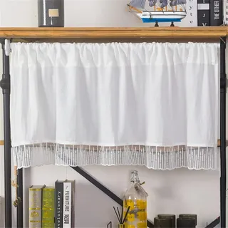 ACMHNC Scheibengardine Landhaus Vintage Bistrogardine Weiß Baumwolle Kurzgardine Romantische Handgefertigte Spitze Cafe Fensterdeko 1 Stück (White,150cm x 45cm /59"*18")