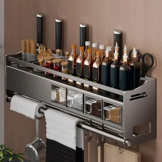 51cm,Gewürzregal Wand mit Küchenrollenhalter und Haken und Gewürzbox, Küchenregal Ohne Bohren aus Metall, Spice Rack, Gewürz Organizer Hängend für Küchen und Bad Organizer