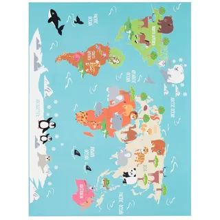 TT Home Weltkarte Mit Tieren Kinderteppich 140 x 200 cm Grün/Türkis