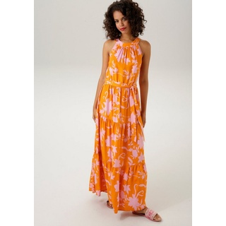 Aniston CASUAL Sommerkleid (mit abnehmbarem Bindeband) mit trendfarbenem, graphischem Blumendruck - NEUE KOLLEKTION orange|rosa 40