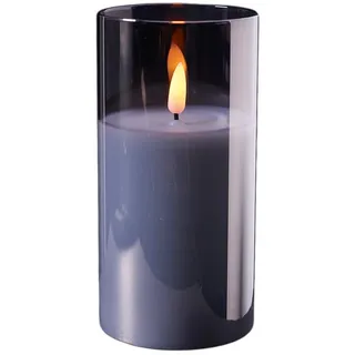 Hochwertige & Edle LED Kerze im Glas - Timer - Realistisch Flackernd - Neuartiges Design (Grau, Höhe: 15cm - Ø 7,5cm)