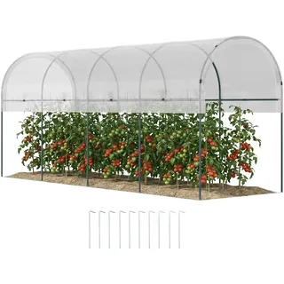 Outsunny Gewächshaus Winterfest mit Bogendach 400 x 120 x 170cm Weiß | Foliengewächshaus, Erdanker, Robuster Stalrahmen, Offenes Treibhaus zum Stecken, Tomatenhaus für Tomaten,Gemüse,Pflanzen