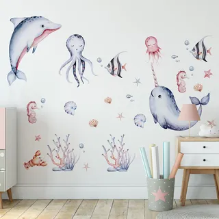 Muralo Wandtattoo Set Unterwasserwelt, UV-beständig - 60x30 cm | Wandsticker, Modernes Design - ideal für Kinderzimmer, für Mädchen und Jungen, einfach anzubringen