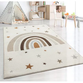 the carpet Beat Kids Moderner Weicher Kinderteppich, Weicher Flor, Pflegeleicht, Farbecht, Regenbogen Muster, Creme, 140 x 200 cm
