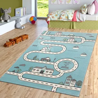 TT Home Kinderzimmer Kurzflor Teppich Spielmatte Straße Stadt Autos Spielteppich In Blau, Größe:80x150 cm