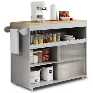 stilvora Kücheninselwagen MDF Grau, 122x46(69)x91 cm, mit klappbarer Arbeitsplatte