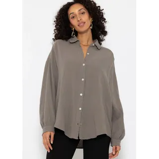 SASSYCLASSY Longbluse Oversize Musselin Bluse Damen kurz Langarm Elegant Hemdbluse lang aus Baumwolle mit V-Ausschnitt, One Size (Gr. 36-48) beige