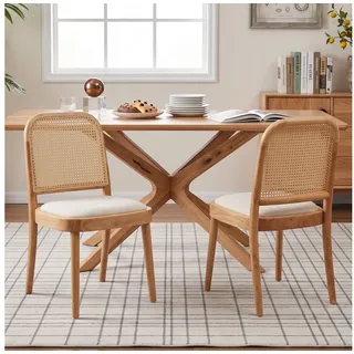 Flieks Esszimmerstuhl Gestell aus Massivholz, Rattan-Rückenlehnen & Leinen-Sitzfläche (Set, 2 St), 2er Set Polsterstühle Rattanstuhl Wohnzimmerstuhl Beige&Natur beige