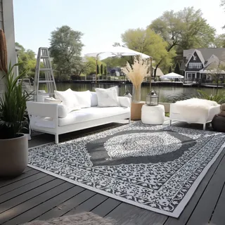 ELLE DECORATION In Outdoor Teppich Orientalisch– Wendeteppich Wetterfest & Wasserfest – Vintage Design Outdoorteppich Orient für Garten, Balkon, Wohnzimmer – Schwarz, 160x230cm