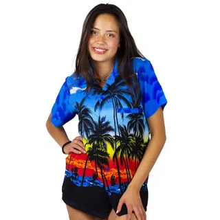 V.H.O. Funky Hawaiibluse Hawaiihemd Damen Kurzarm Fronttasche Hawaii-Print Strand Beach Palmen Diverse Farben - M