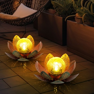 Lotusblume Deko Solar Lotusblüte für Außen Garten Deko Leuchten Asia Garten, Crackle Glas Metallblätter, LED, 2er Set