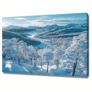 AIHNBF Schneebedeckte Winterlandschaft Leinwandbild, Ruhige Blaue Weiße Bergwald Deko für Wohnzimmer Schlafzimmer Büro, Natur Kunstwerk, 40 x 60 cm
