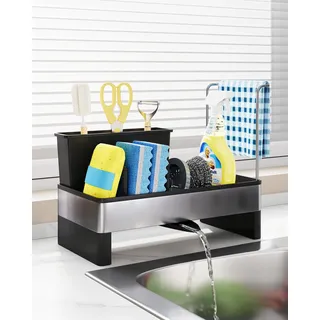 Eleancy Küchen Spülbecken Organizer – Schwammhalter mit automatischer Abflussfunktion – für Schwämme, Bürsten & Handtücher (Küche), Spülutensilien-Aufbewahrung & Küchenorganisation (Schwarz)