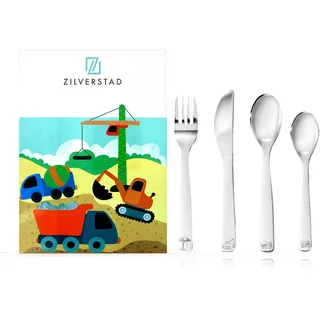 Zilverstad Kinderbesteck mit Namensgravur - Baufahrzeuge - Kran, Bagger, Betonmischer, Kipper - 4-teilig eigener Gravur/Namen auf Besteck (Gravur möglich)