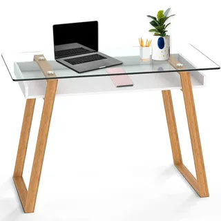 bonVIVO Kleiner Schreibtisch 110x55x75 cm | Computertisch mit Stauraum, Glas Schreibtisch Weiß mit Bambus Gestell – Moderner Sekretär Arbeitstisch Home Office