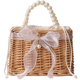 Hperu Korbtasche aus Korbgeflecht, großes Fassungsvermögen, elegante Handtasche aus Stroh mit Perlengriff und Knotenschleife oben, offenes Rattan mit Futter, Korbtasche für den Sommerstrand – Rattan - top