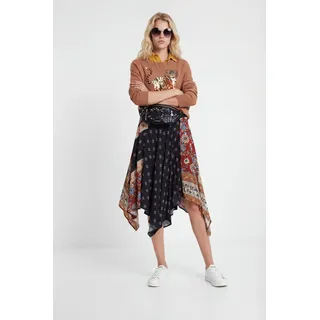 Desigual, Ausgestellter asymmetrischer Rock mit Patch, Viskose, Schwarz, M, BLACK, M