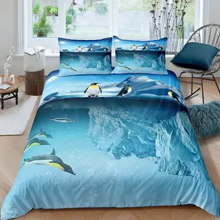 XPINGO Kinder Bettwäsche Pinguin 135x200 cm 2teilig Jungen und Mädchen 100% Mikrofaser Sommer Weiche Winter Warm Bettbezüge 3D Winter Thema Bettbezug mit Kissenbezüge 80x80 cm