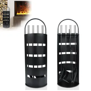 Yznahre Edelstahl Kaminbesteck Set 5 TLG, Modern Kamingarnitur Kaminwerkzeug mit Ständer, Besen, Zange, Schürhaken, Ascheschaufe, Schwarz