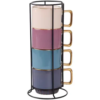 Festa Italia 4 x 320 ml Espressotassen Set aus Keramik mit Ständer - Stapelbar Espresso Tassen - Expresso Tassen Modern - Esspresotasen - Mokkatassen - Kaffeebecher für Espresso, Latte, Cappuccino
