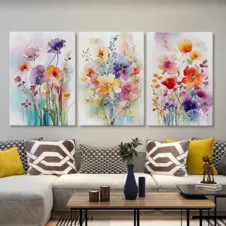 Viusneun 3er Premium Poster Set, Bunt Blumen Wandbilder Aquarell Floral Leinwandbilder Moderne Aesthetic Leinwand Bilder Ohne Rahmen Kunstposter für Wohnzimmer Deko (21 x 30 cm)