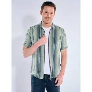 engbers Herren Kurzarm-Overshirt in Strickoptik Grün regular gestreift Kent-Kragen - XL
