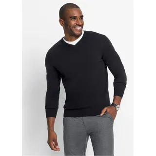 Strickpullover BONPRIX "Feinstrickpullover in Regular Fit", Herren, Gr. 48/50 (M), schwarz, Strick, Obermaterial: 70% Baumwolle, 30% Polyamid, unifarben, regular fit hüftlang, V-Ausschnitt, Strickbündchen, Pullover Strickpullover, aus Feinstrickmaterial, mit V-Ausschnitt, Regular Fit