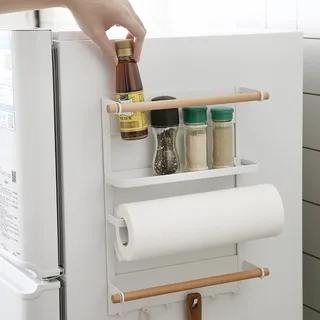 S.I.C Magnetisches Küchenregal für Kühlschrank, Gewürzregal zur Wandmontage, Küchenutensilienhalter, Wandregal ohne Bohren, platzsparendes Gewürzregal mit Rollenhalterleiste. (Weiß, 7 x 27,5 x 34 cm)