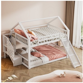 Ulife Hausbett Etagenbett Kinderbett mit Stauraumtreppe und Rutsche, 140x200cm, Kinderbett mit Geländer weiß