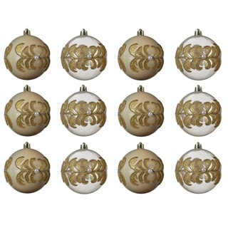 Decoris season decorations Christbaumschmuck, Weihnachtskugeln Kunststoff mit Muster 8cm perle / klar 12er Set goldfarben