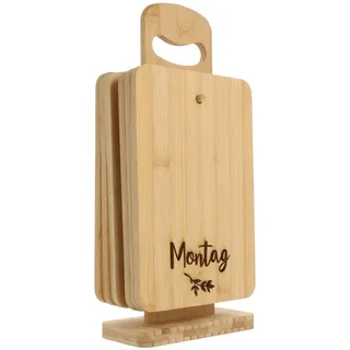 Spruchreif | 6er-Set Frühstücksbrettchen aus Bambus mit Ständer | Brettchenständer Holz mit Frühstücksbrettchen | Schneidebrett-Set „Wochentage - Zweig“ | Hochwertiges Küchenaccessoire
