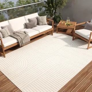 TAPISO Patio Teppich Flachgewebe Creme Indoor Outdoor Streifen Modern Strapazierfähig Wasserfest Wohnzimmer Terrasse Balkon Flur ÖKO-TEX 300 x 400 cm