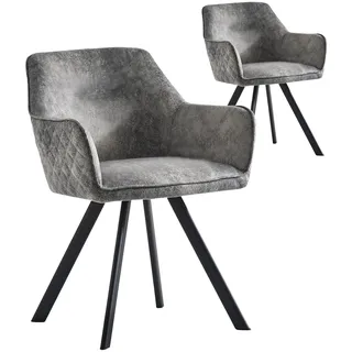 B&D home® Esszimmerstühle Cyrus 2er-Set – Polsterstuhl mit Armlehnen, Wildleder Optik Grau, stabiles Metallgestell schwarz, moderner Industrial-Look für Küche, Esszimmer & Wohnzimmer