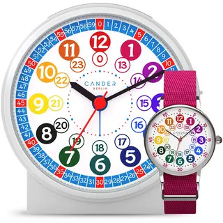 Cander Berlin MNU 1009 Kinderwecker lautlos und MNA 1030 M Armbanduhr Lernuhr pink Kinderuhr geräuschlos Licht Snooze Tischuhr Wecker Kinder Beleuchtung geräuscharm Schlummer Mädchen LED