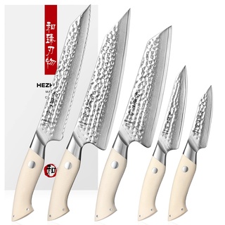 HEZHEN Damaszener Stahl Messerset 5PCS, 67 Lagen Damast Küchenmesser Universalmesser Santoku Messer Brot, G10 Griff Kochwerkzeuge