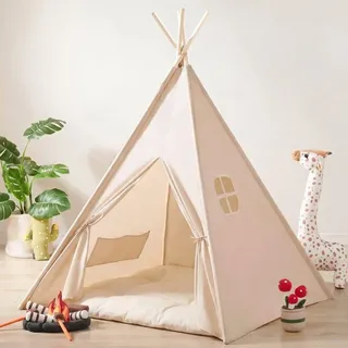 Homeblend Tipi Zelt für Kinder 120x120x150 cm – Spielzelt für Jungen & Mädchen – Kinderzelt mit Fenstern – Spielhaus fürs Kinderzimmer ... - Creme