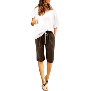 Leinenshorts Damen Boho Knielang mit Tunnelzug Kurze Hose Leinen Bermuda Shorts Sommershorts High Waist Sommer Lose Radlerhose Große Größen Damen-Shorts Sport Biker Strand Yoga Shorts Leinenhose