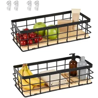 Drahtkorb,Metallkorb Schwarz Dekokörbe Haushalt Wandkorb Metall Badezimmer Aufbewahrungskorb Korb Metall Abnehmbarer Holzsockel für Obst Snacks Küche Speisekammer(2 Stück)