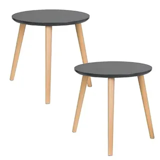 QMBasic 2 Stück BEISTELLTISCH | Couchtisch Wohnzimmertisch klein Massivholz Beine Dreibein modern anthrazit grau rund