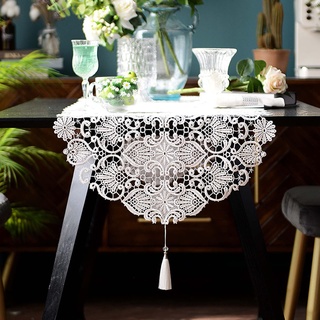 EXQULEG Spitze Tischläufer Blumenmuster Stickerei Tischdecke Tischläufer Vintage mit Quaste Tischläufer,für Hochzeit, Kaffee, Party-Dekoration (50x120cm)