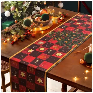 Tischläufer Weihnachten Rot Gold Modern, Weihnachtstischläufer Sterne Schneeflocken Weihnachtsbaum Kariert Tischdecke Abwaschbar Weihnachtstischdecke Läufer für Winter Party Küche Tischdeko 35x180 cm