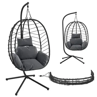 STEELSØN Alarian Hängesessel mit Gestell, Schwarz, höhenverstellbar, 150 kg | Rattan Hängestuhl Outdoor & Indoor mit Kissen, faltbarer Hängekorb, Gartenschaukel Erwachsene & Kinder, Hanging Chair, Balkon