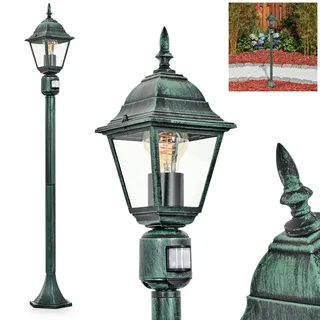 HOFSTEIN Außenstehleuchte Naofe, Außenwegeleuchte mit Bewegungsmelder aus Metall/Glas in Schwarz-Grün/Klar, Wegeleuchte im Landhaus/Antik/Vintage-Design für Garten, Außenbereich, Hof, 116cm, E27, IP44