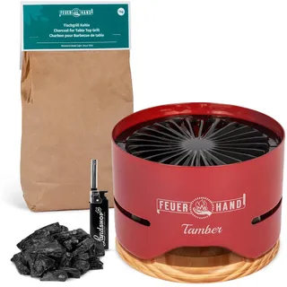 Feuerhand Tamber Tischgrill + 1 kg spezial Holzkohle fast rauchfrei Farbe Rot