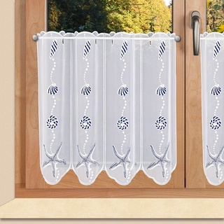 Maritime Scheibengardine Muschel und Seestern Badgardine aus Echter Plauener Spitze blau-weiß 50 x 144 cm