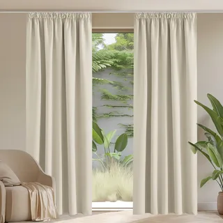 PONY DANCE Thermovorhang Hitzeschutz Kräuselband 2er Set H 260 x B 140 cm Wohnzimmer Gardinen Blickdicht für Schienensystem Verdunklungsvorhänge Wärmeisolierend, Hellbeige