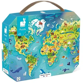 Janod - Kinderpuzzle Die Welt 100 Teile - Lernspiel Feinmotorik und Konzentration - Koffer mit Griff - Ab 6 Jahren, J02607