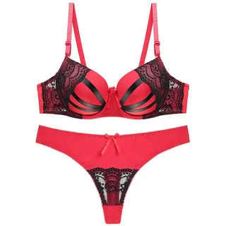 Set aus BH und Höschen in Übergröße, Damen-Push-up-BHs und bequemes Tanga-Set mit Spitze bedruckt mit Blumenmuster (Farbe: Rot, Größe: 80B) - 80B