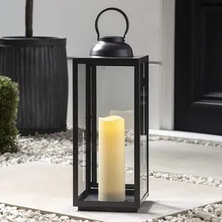 Lights4fun Große Metalllaterne mit Glasscheiben | Indoor & Outdoor | mit LED-Kerze | Batteriebetrieb & Timer | für Innen & Außen | Wetterfest für Terrasse, Garten, Balkon | Schiefergrau | (H) 46 cm