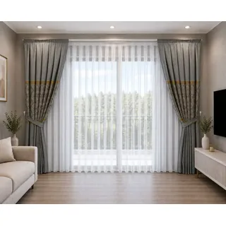 Gardinen by Justyna Vorhang Komplett-Set Vorhang Grau – Falten mit Store (5 St), Kräuselband, Fertiggardine, Halbtransparent, Faltenband, Komplett-Set, Pflegeleicht grau 300 cm x 245 cm